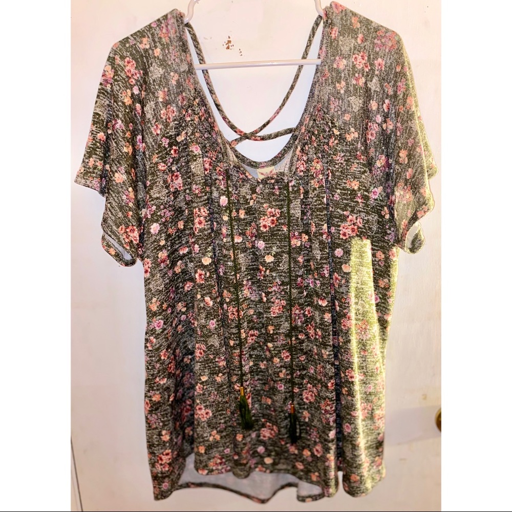 Faded Glory green shirt with pink floral print